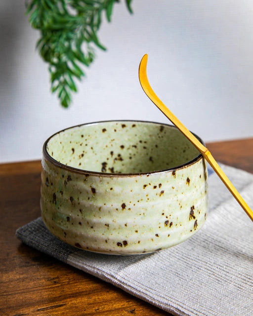 Japanese ceramic chawan with speckled glaze and bamboo chashaku resting on cloth, matcha tea bowl styling.
