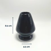 Black ceramic matcha whisk holder with spout, 8.5 cm tall and 4.5 cm wide, ideal for maintaining chasen shape.