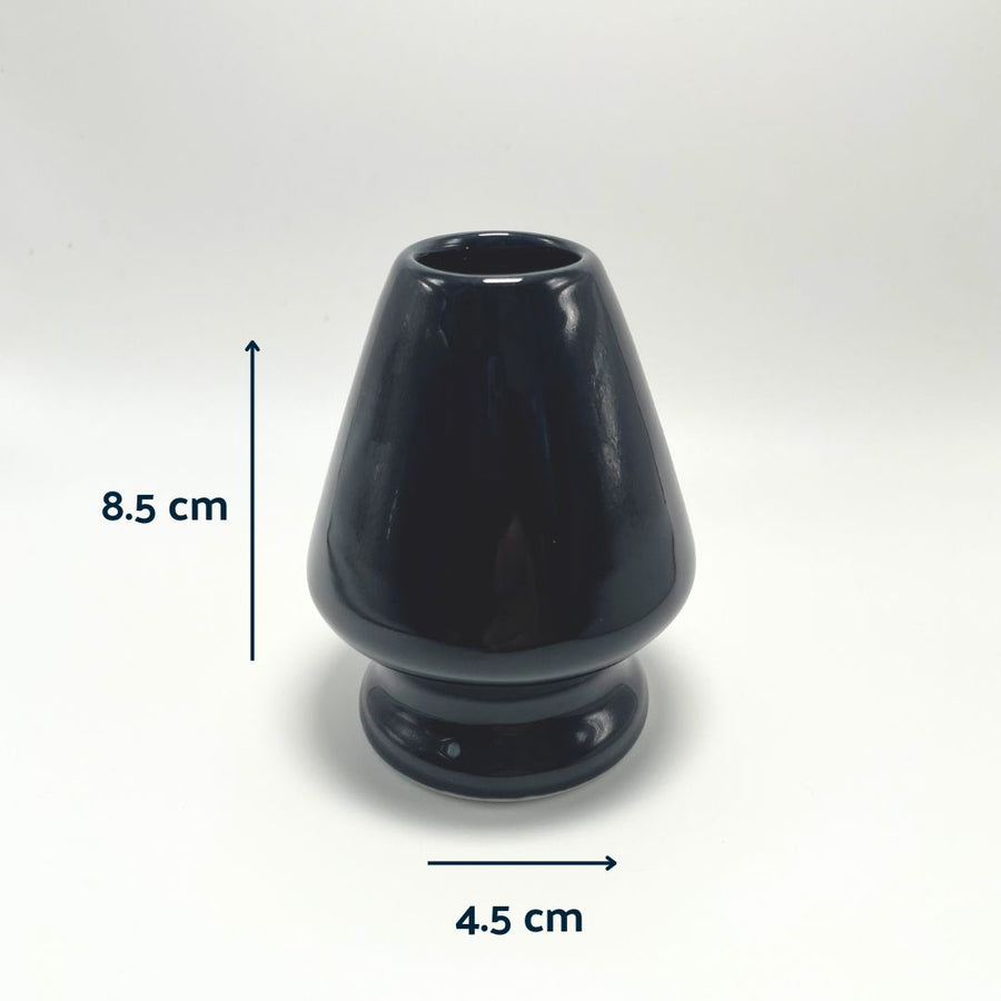 Black ceramic matcha whisk holder with spout, 8.5 cm tall and 4.5 cm wide, ideal for maintaining chasen shape.