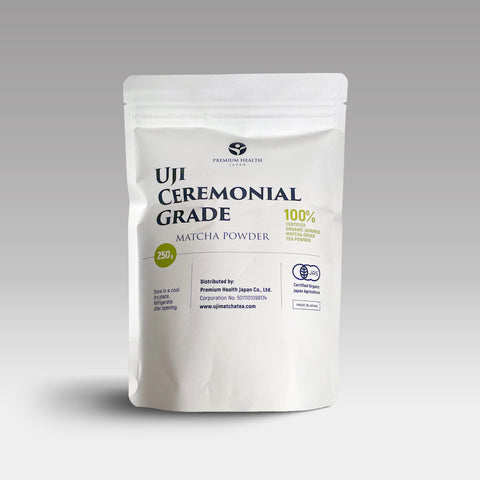 Front of 250g pouch of certified organic Uji ceremonial grade matcha powder by Premium Health Japan.