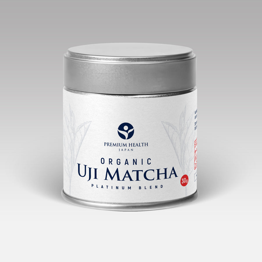 Front view of Organic Uji Matcha Platinum Blend can, 30g ceremonial-grade Japanese matcha with clean premium packaging