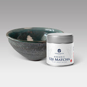Organic Uji Matcha Platinum Blend can with Japanese ceramic matcha bowl, ideal for traditional matcha preparation