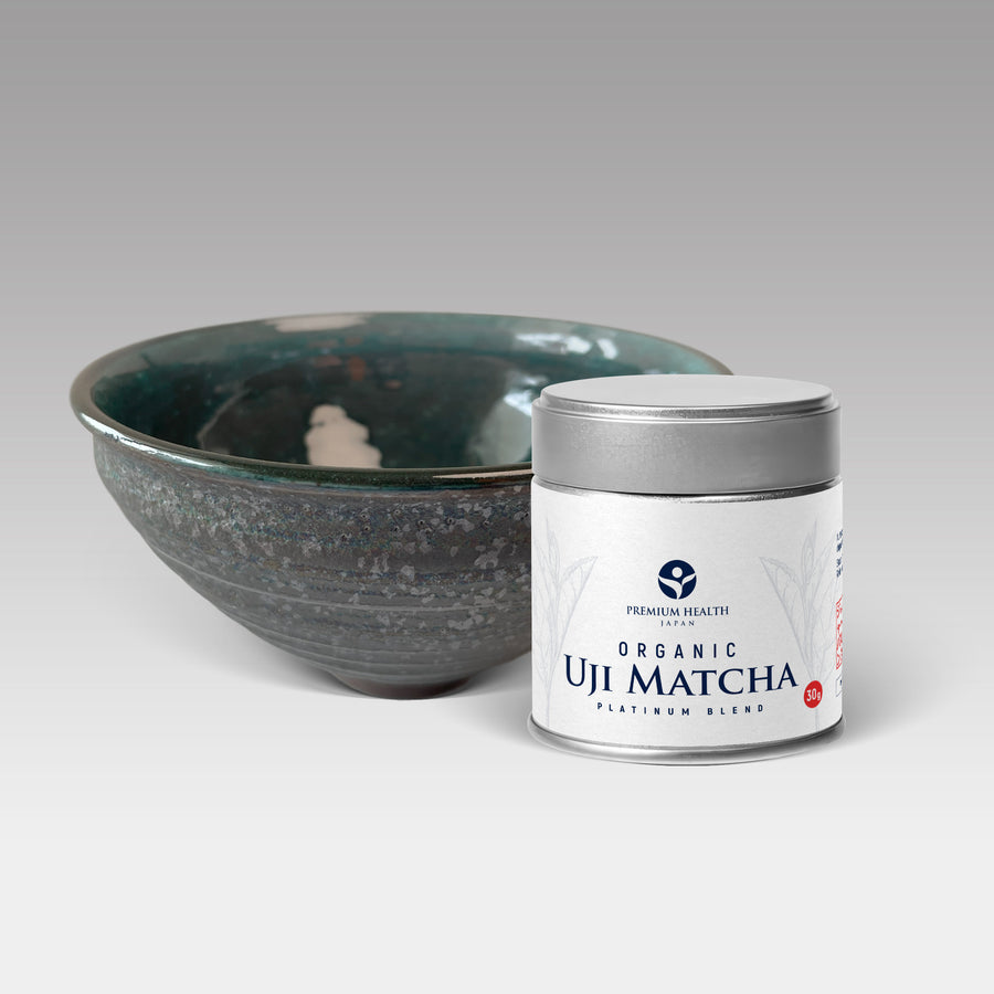Organic Uji Matcha Platinum Blend can with Japanese ceramic matcha bowl, ideal for traditional matcha preparation