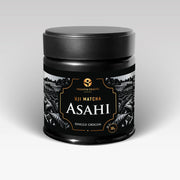Uji Matcha Asahi single-origin 30 g can, front label by Premium Health Japan on light background.
