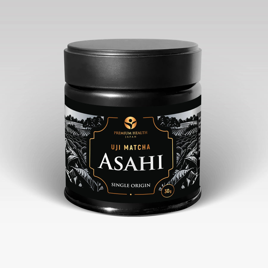 Uji Matcha Asahi single-origin 30 g can, front label by Premium Health Japan on light background.