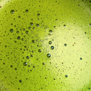 Close-up of whisked Organic Uji Matcha Platinum Blend with vibrant green color and fine foam bubbles on the surface