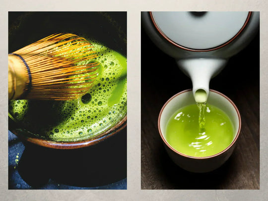 Matcha being whisked in a chawan beside brewed green tea poured into a cup
