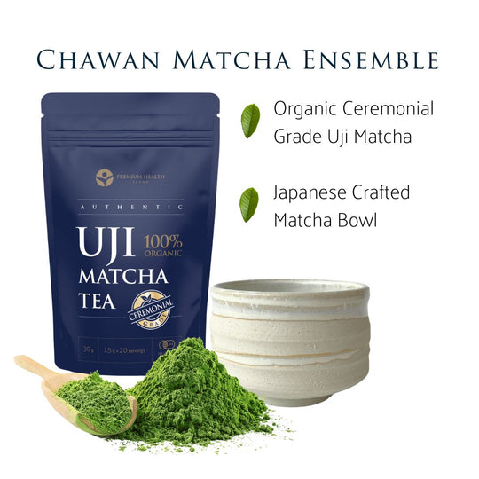 Matcha set includes a chawan bowl and matcha tea powder 