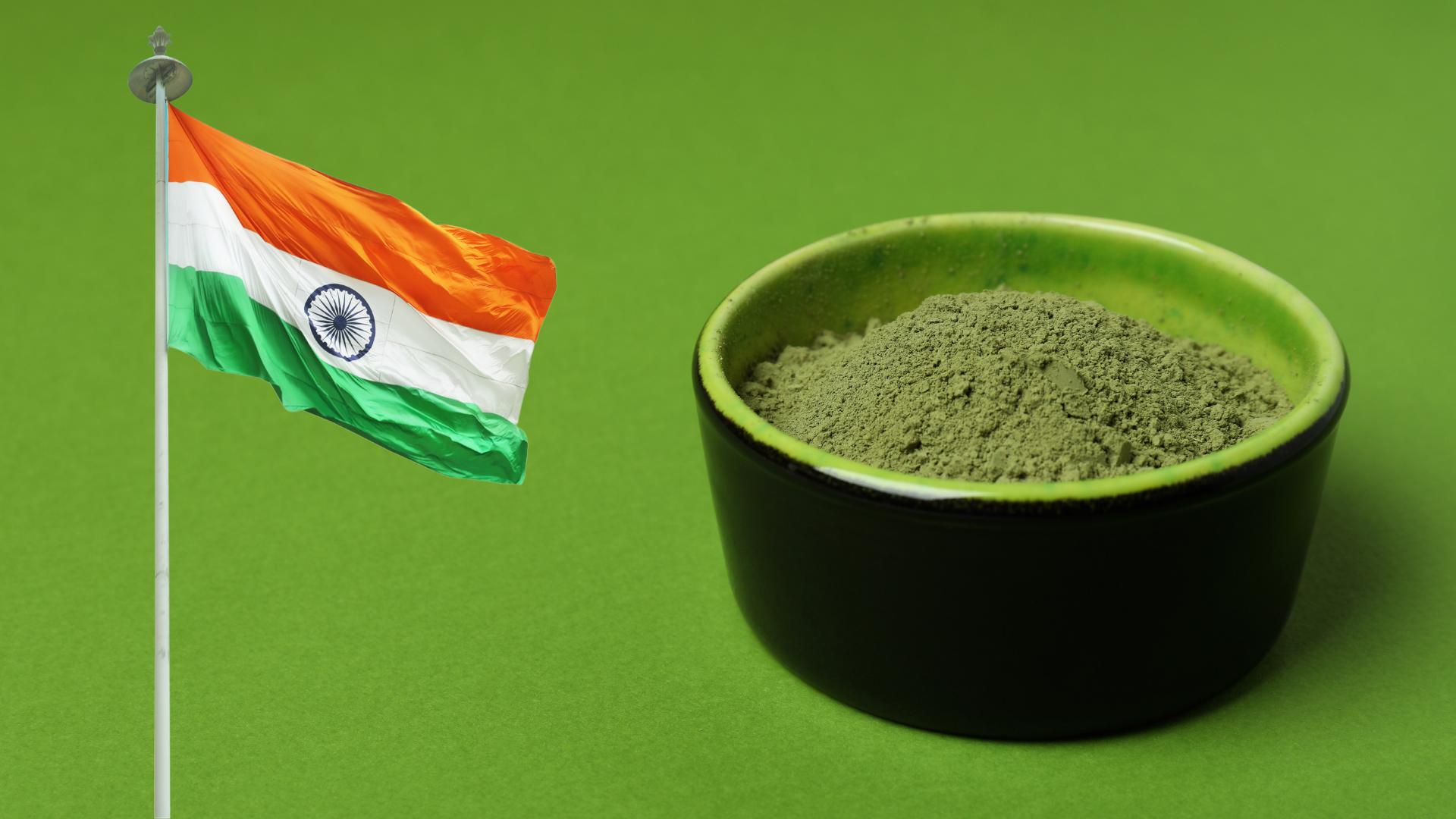 Bowl of matcha powder and the Indian flag
