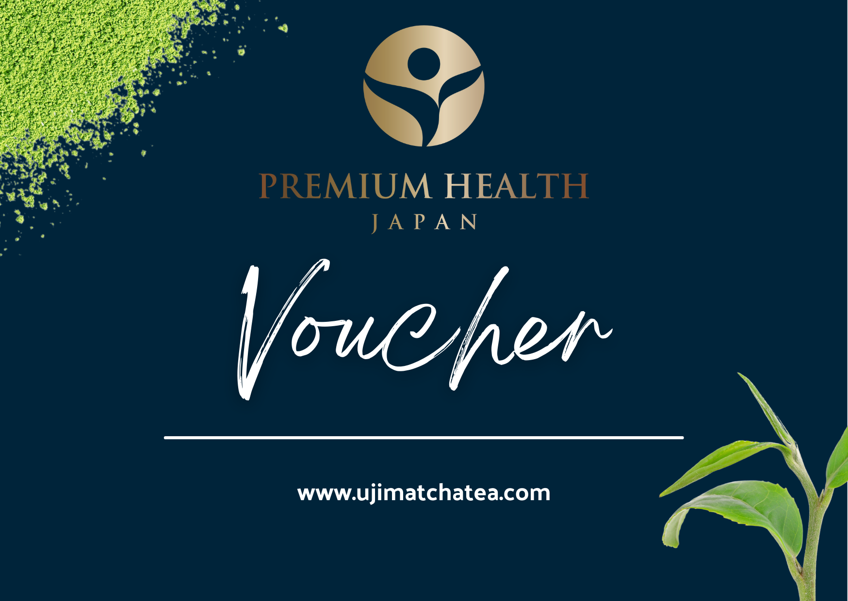 Premium Health Japan branded gift card with matcha powder and a green tea leaf