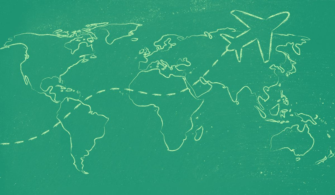A drawing of a world map with an aeroplane tracing across to symbolize worldwide shipping