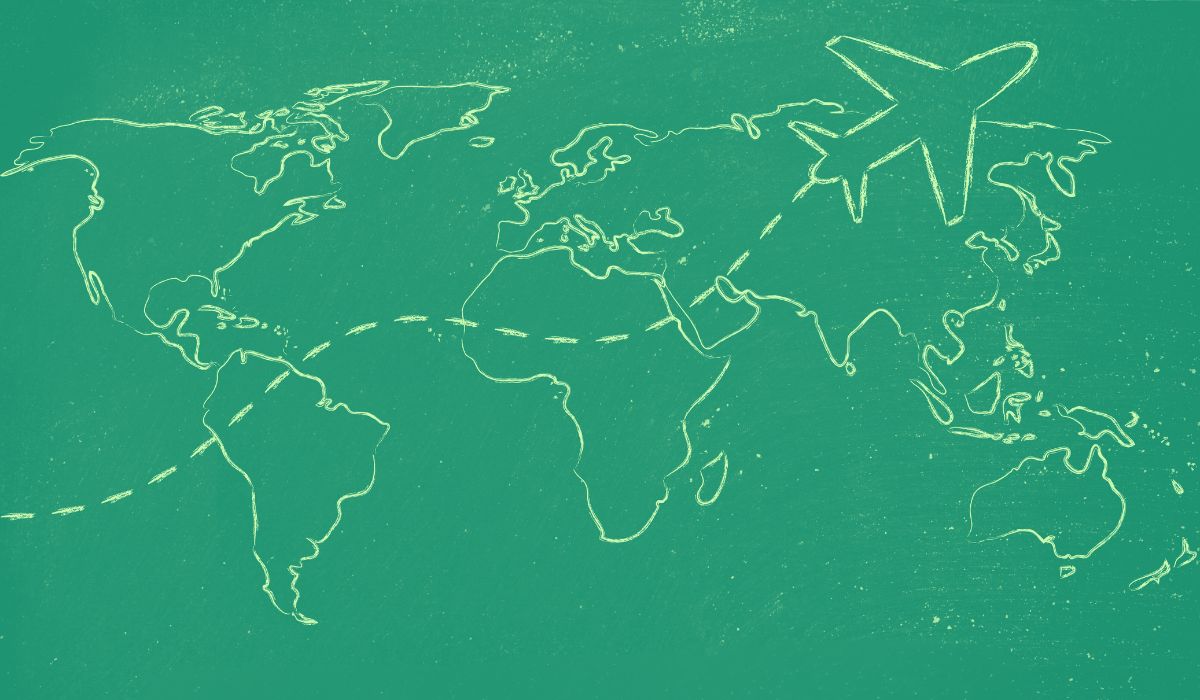 A drawing of a world map with an aeroplane tracing across to symbolize worldwide shipping