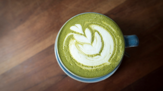 A matcha latte with a plannt design in the foam