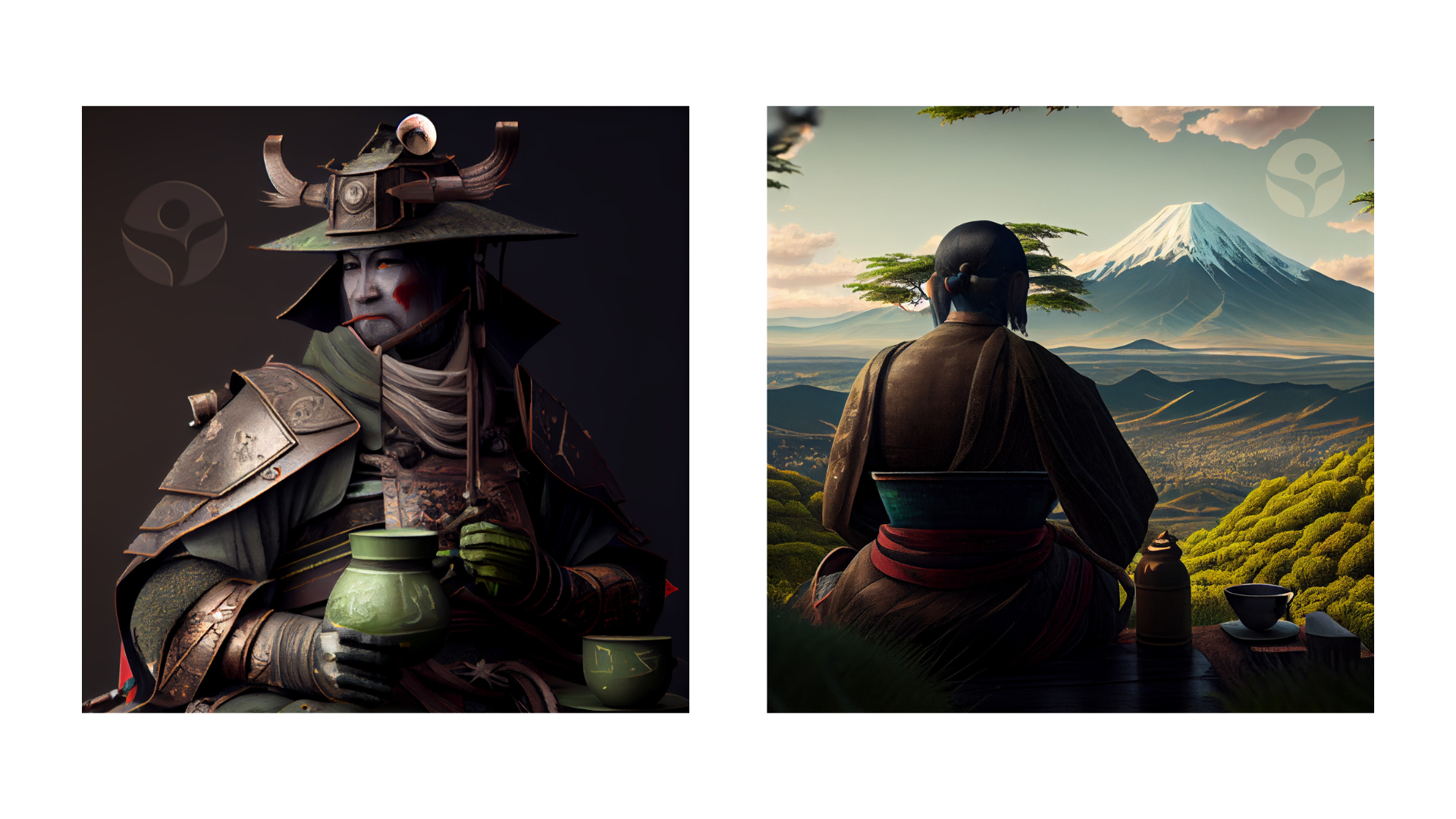 Artwork of two samurai, both appreciating matcha tea