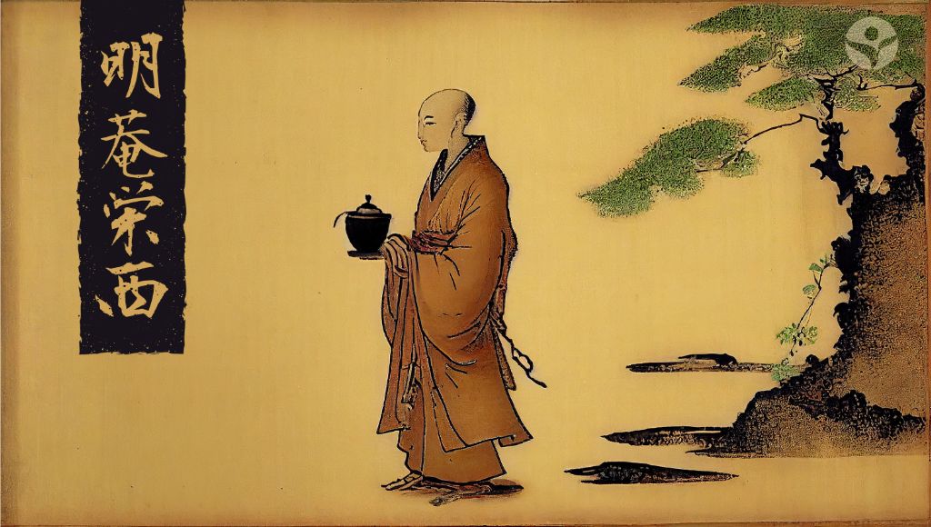 Artwork of ancient Buddhist monk in robes holding a pot of green tea