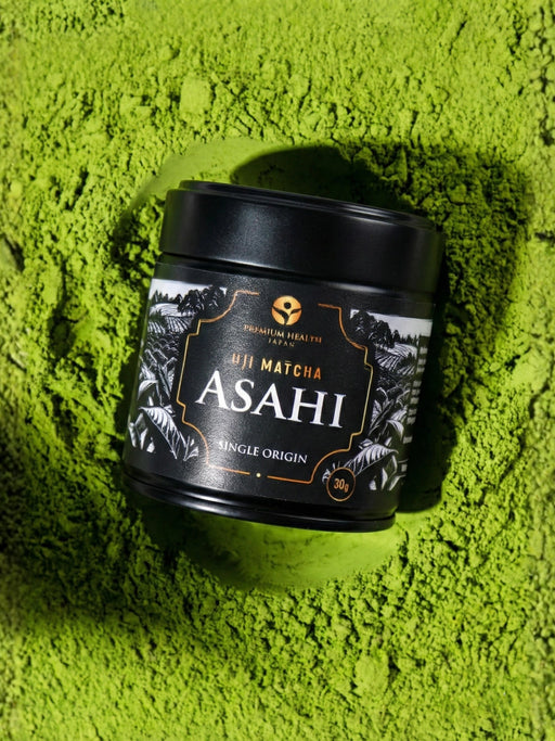 Asahi cultivar Uji matcha 30 g black jar on vivid green matcha powder