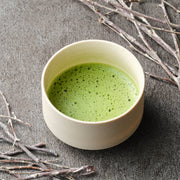 Freshly whisked Asahi matcha usucha with fine froth in a cream ceramic chawan on grey stone, framed by dry branches