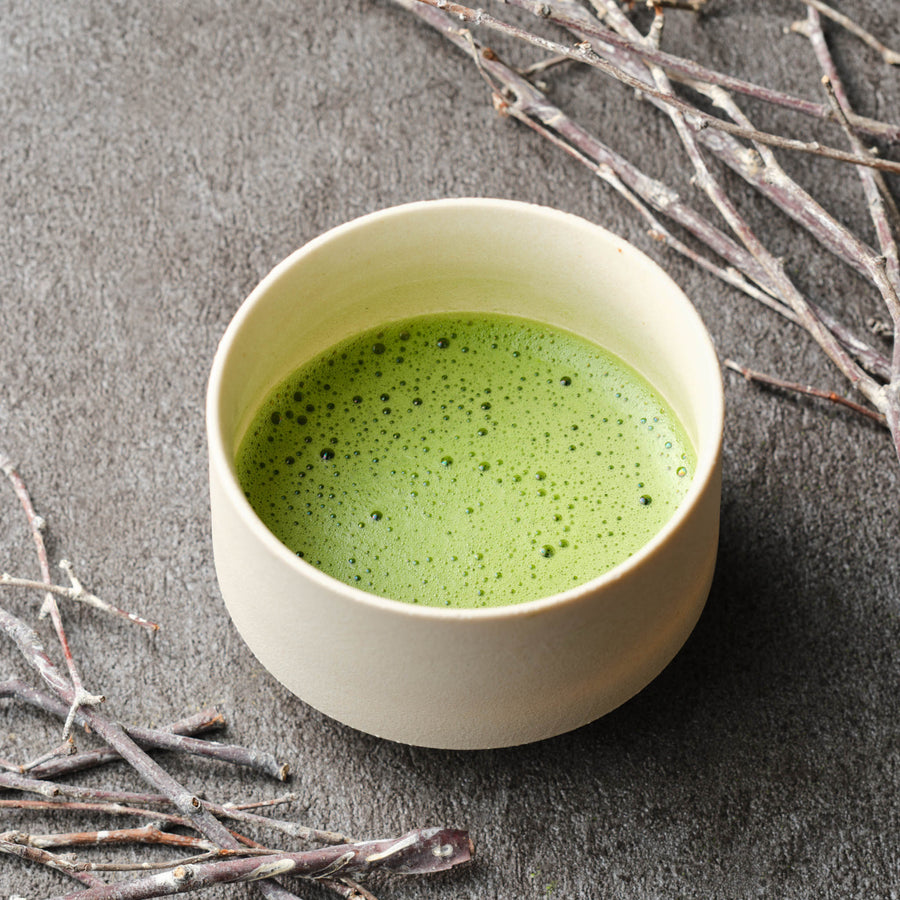 Freshly whisked Asahi matcha usucha with fine froth in a cream ceramic chawan on grey stone, framed by dry branches