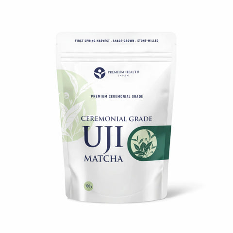 Ceremonial Grade Uji Matcha 100 g pouch by Premium Health Japan, showing first spring harvest, shade-grown and stone-milled matcha packaging.
