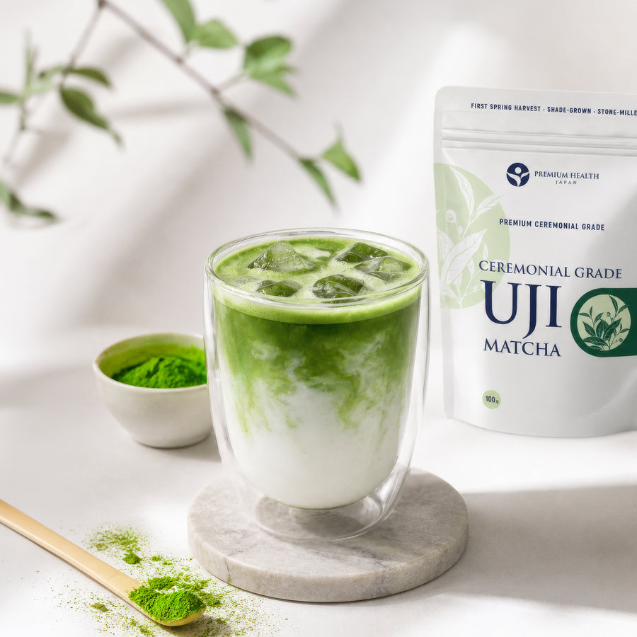 Iced matcha latte made with ceremonial grade Uji matcha powder, served with a double-wall glass and chasaku scoop — Premium Health Japan 100g