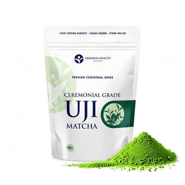 Ceremonial grade Uji matcha powder 100g pouch — first spring harvest, shade-grown, stone-milled — Premium Health Japan