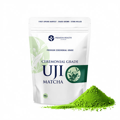 Ceremonial grade Uji matcha powder 100g pouch — first spring harvest, shade-grown, stone-milled — Premium Health Japan