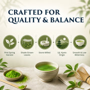 Ceremonial grade Uji matcha quality features — first spring harvest, shade-grown leaves, stone-milled, Uji Kyoto origin, smooth and low bitterness