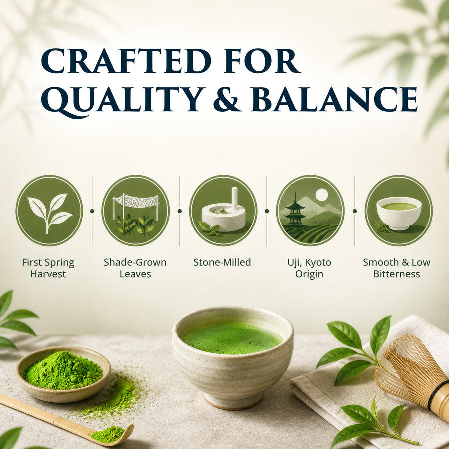 Ceremonial grade Uji matcha quality features — first spring harvest, shade-grown leaves, stone-milled, Uji Kyoto origin, smooth and low bitterness