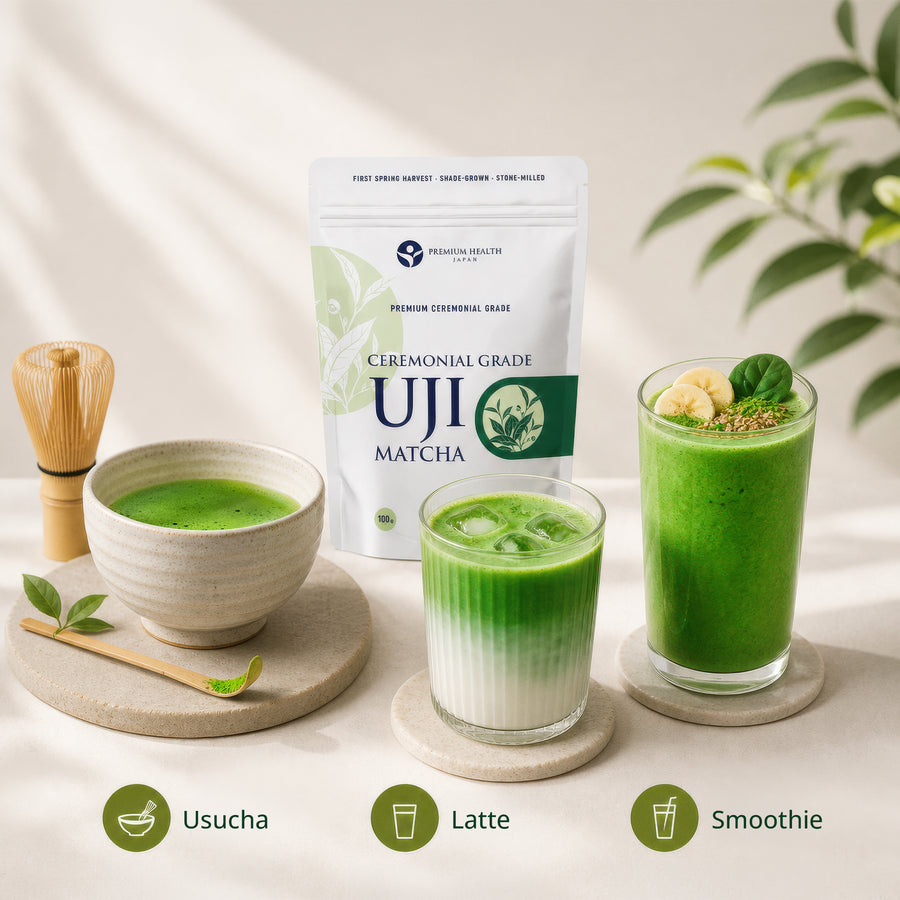 Ceremonial grade Uji matcha 100g prepared three ways — traditional usucha in a chawan, iced matcha latte, and green smoothie — Premium Health Japan