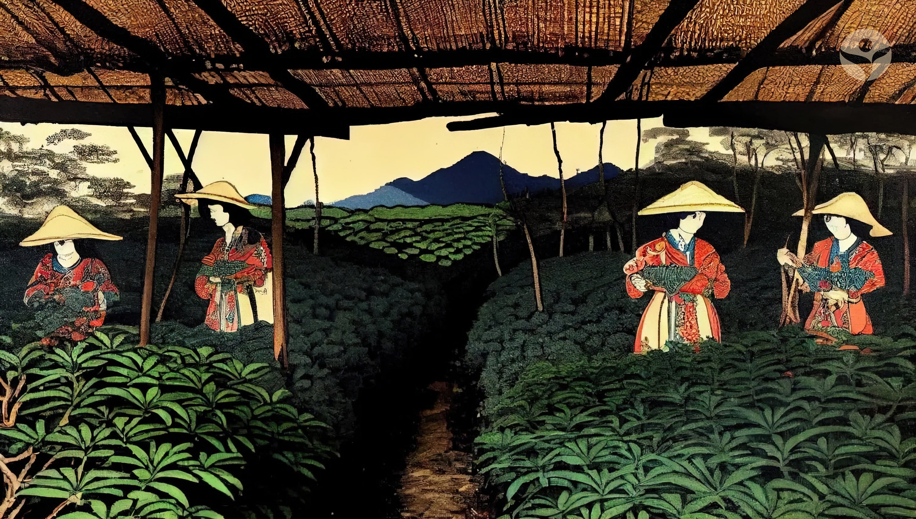 Artwork of historical tea pickers in a field under a bamboo roof