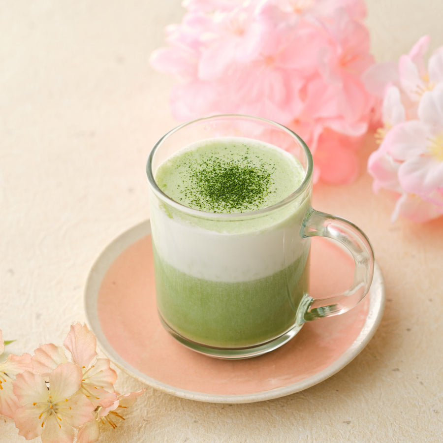Hot matcha latte made with first spring harvest ceremonial Uji matcha in a glass mug on a pink saucer, with cherry blossoms behind