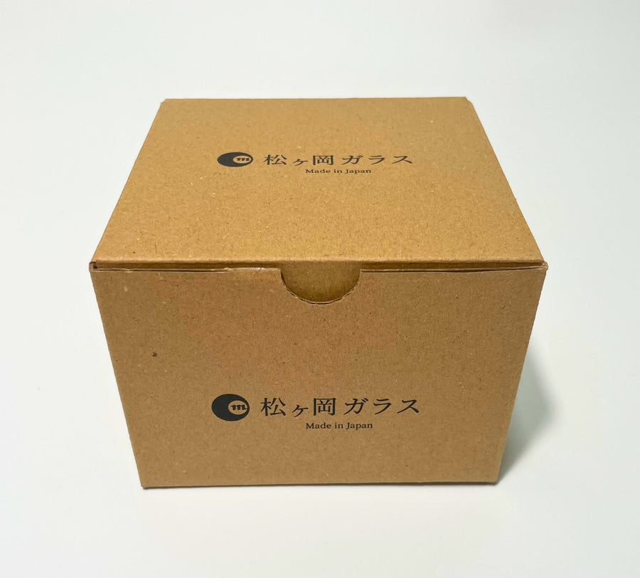 Kraft box packaging for Japanese glass matcha bowl with printed logo and Made in Japan text