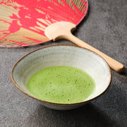Whisked Gokō Samidori ceremonial matcha with fine froth in a speckled cream chawan, with a red bamboo uchiwa fan behind on grey stone