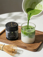 Pouring Uji matcha latte with Gokō Samidori single cultivar matcha tin