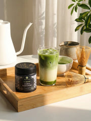Iced Uji matcha latte with Gokō Samidori matcha tin and bamboo whisk