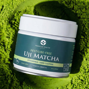 Uji Gokō matcha jar on vibrant green matcha powder background