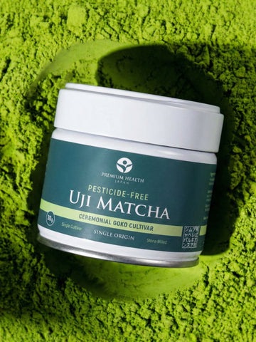 Uji Gokō matcha jar on vibrant green matcha powder background