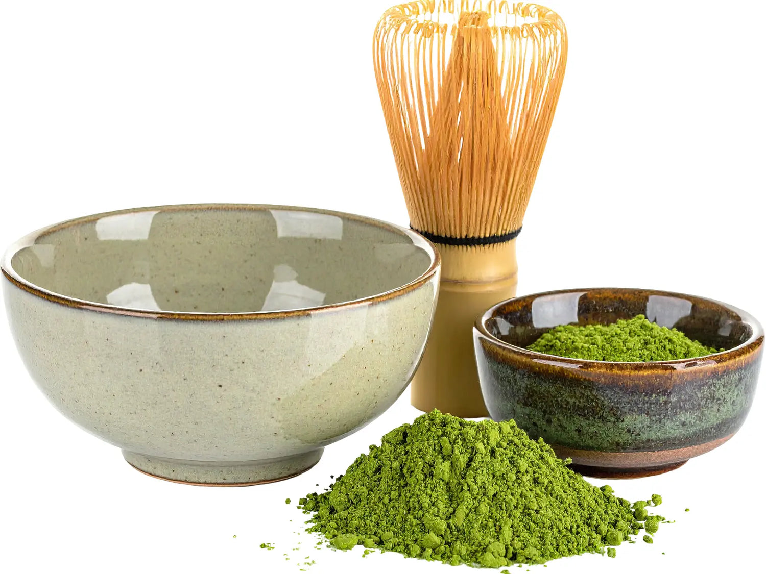 Japanese chawan matcha bowl set with bamboo whisk and finely ground matcha powder, showing traditional tools used to prepare matcha tea.