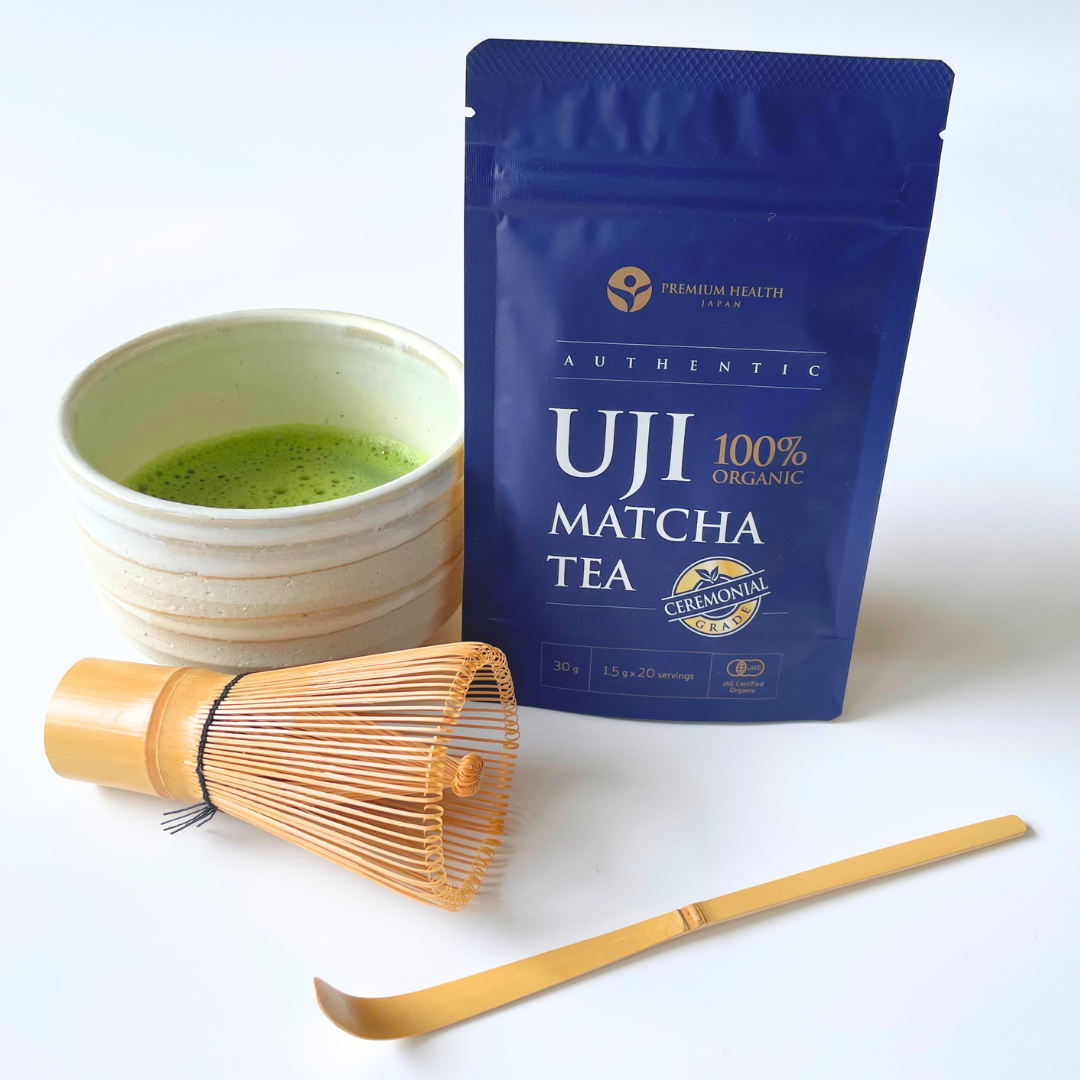 Matcha set with chawan, whisk, scoop, and matcha