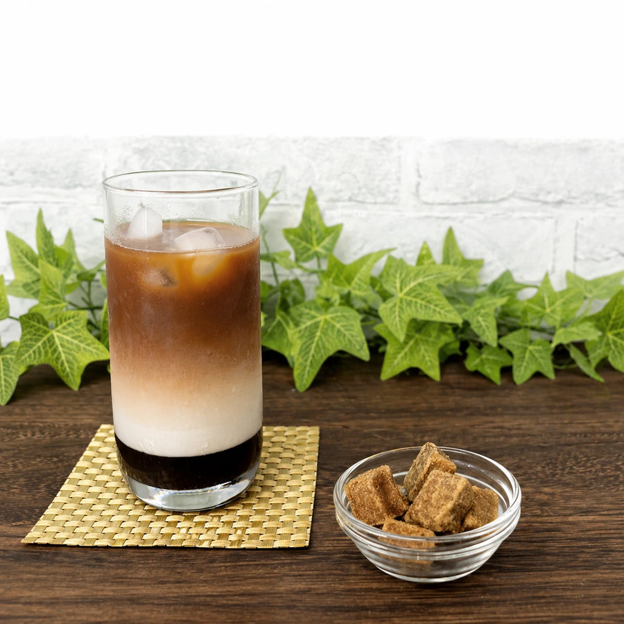 Okinawa kokuto black sugar syrup with layered brown sugar milk drink, Japanese syrup ideal for matcha lattes and café beverages