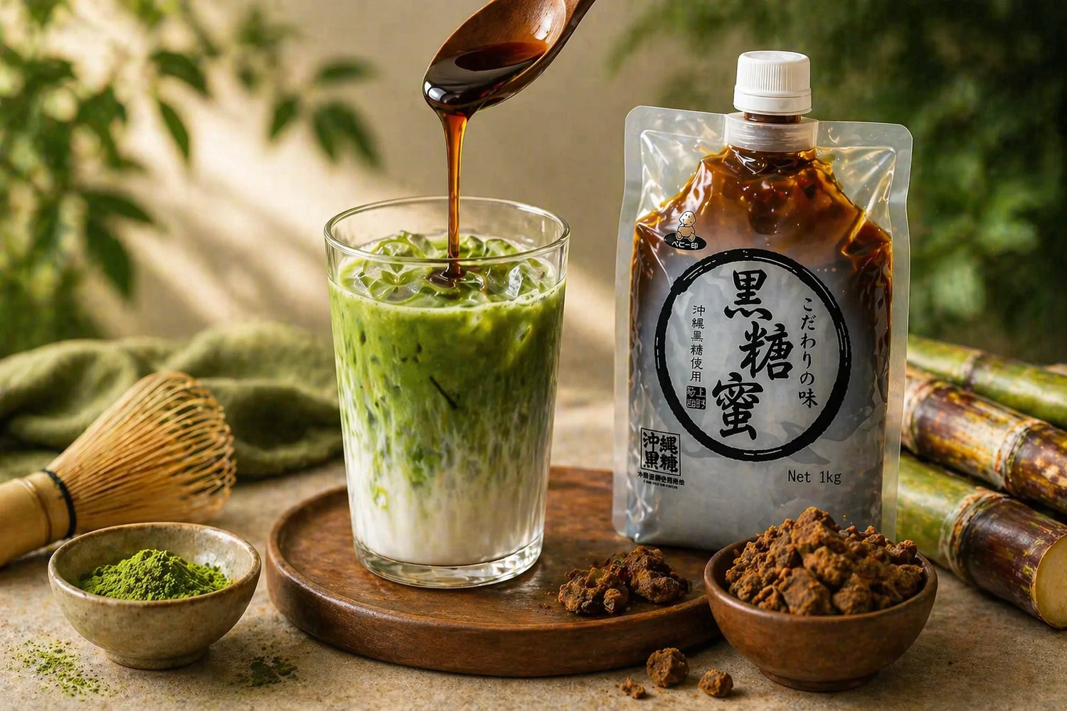Okinawa brown sugar syrup (kokuto) poured into iced matcha latte with 1kg pouch and raw sugar on wooden tray