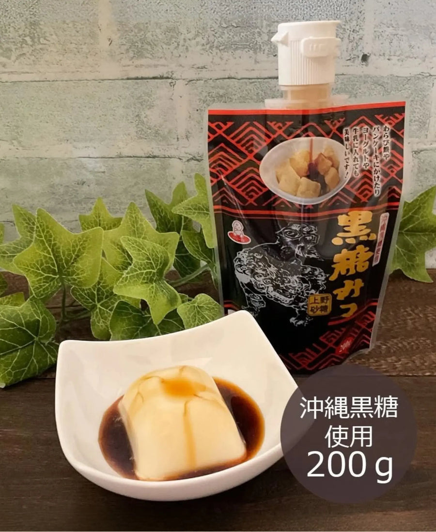 Silken tofu dessert topped with Okinawa Brown Sugar Syrup (Kokuto Mitsu), authentic Japanese black sugar syrup made from traditional Okinawan kokuto sugar.