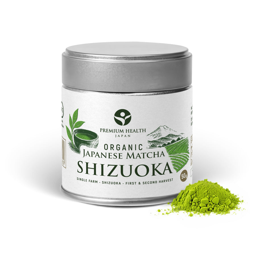 Organic Japanese Matcha Shizuoka 50 g silver tin with a mound of matcha powder