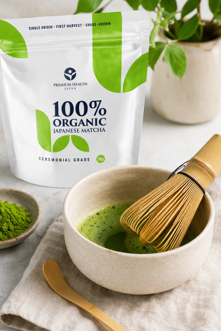 Organic Japanese matcha 50g by Premium Health Japan prepared in bowl with bamboo whisk, ceremonial grade green tea powder