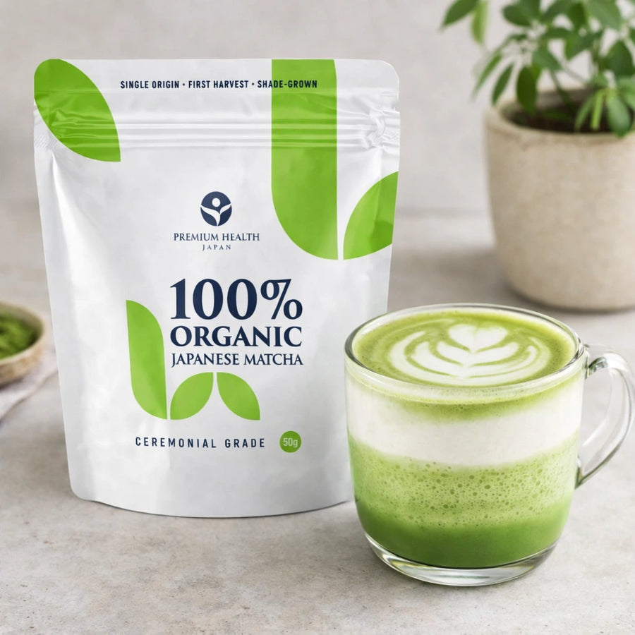 Organic Japanese matcha latte with milk foam beside 50g Premium Health Japan ceremonial grade matcha pouch
