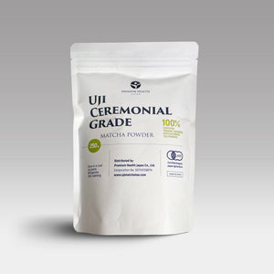Front of 250g pouch of certified organic Uji ceremonial grade matcha powder by Premium Health Japan.