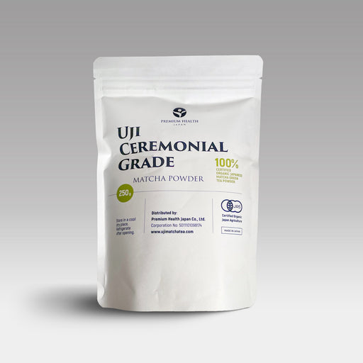 Front of 250g pouch of certified organic Uji ceremonial grade matcha powder by Premium Health Japan.