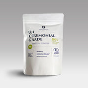 Front of 250g pouch of certified organic Uji ceremonial grade matcha powder by Premium Health Japan.