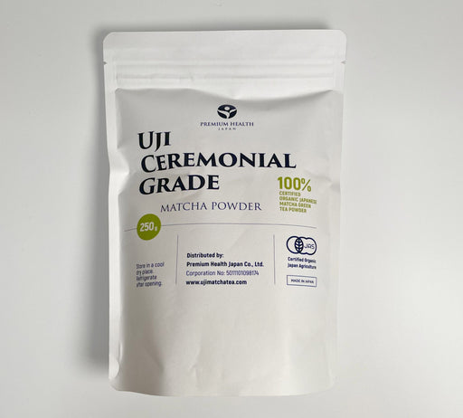 250g pouch of certified organic Uji ceremonial grade matcha green tea powder from Premium Health Japan.