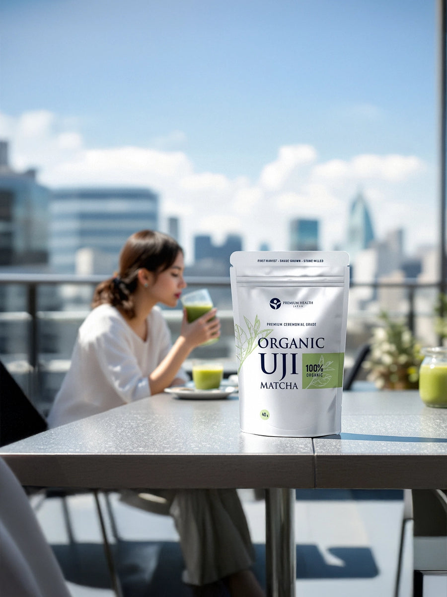 Organic Uji Matcha 40 g pouch on a rooftop table, with a woman in the background drinking matcha against a city skyline.